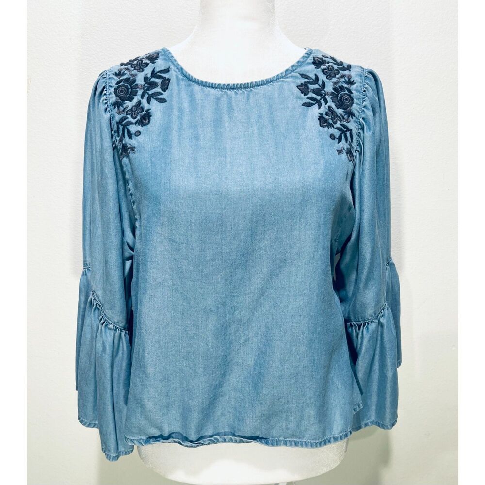 Hollister chambray embroidered blouse flare country western casual women XS